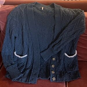Free People Navy Blue Cable Knit Sweater
